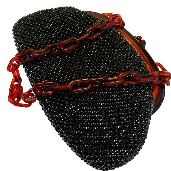 Vintage WHITING & DAVIS Mesh Handbag Tortoise Lucite Chain Kiss Lock Mid Century - Picture 8 of 11